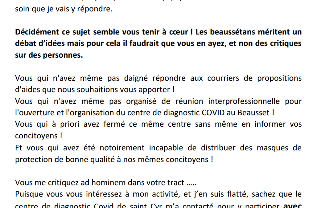 FAKE NEWS : NON Claude ALIMI ne s’est pas investi uniquement sur le centre de dépistage du COVID-19 de Saint Cyr Sur Mer, et encore moins parce qu’il y habiterait.