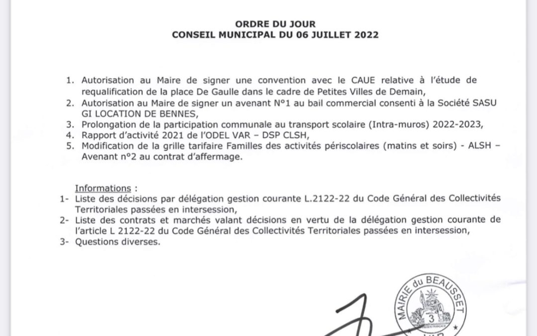 Conseil Municipal, mercredi 6 juillet 2022