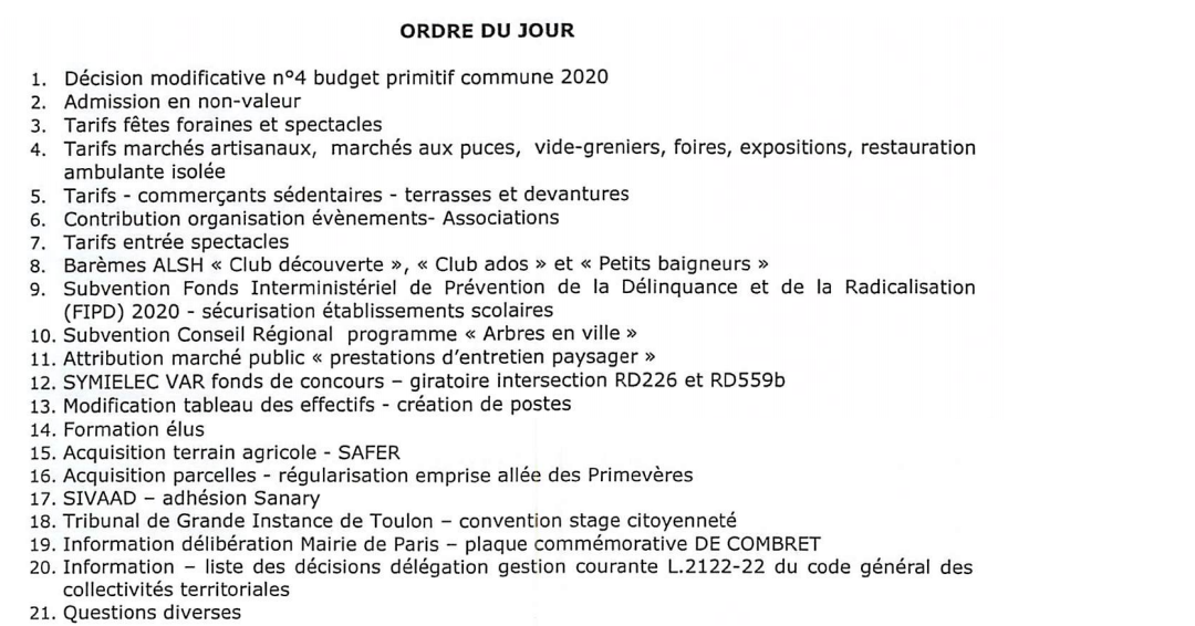 Conseil Municipal, jeudi 19 novembre 2020
