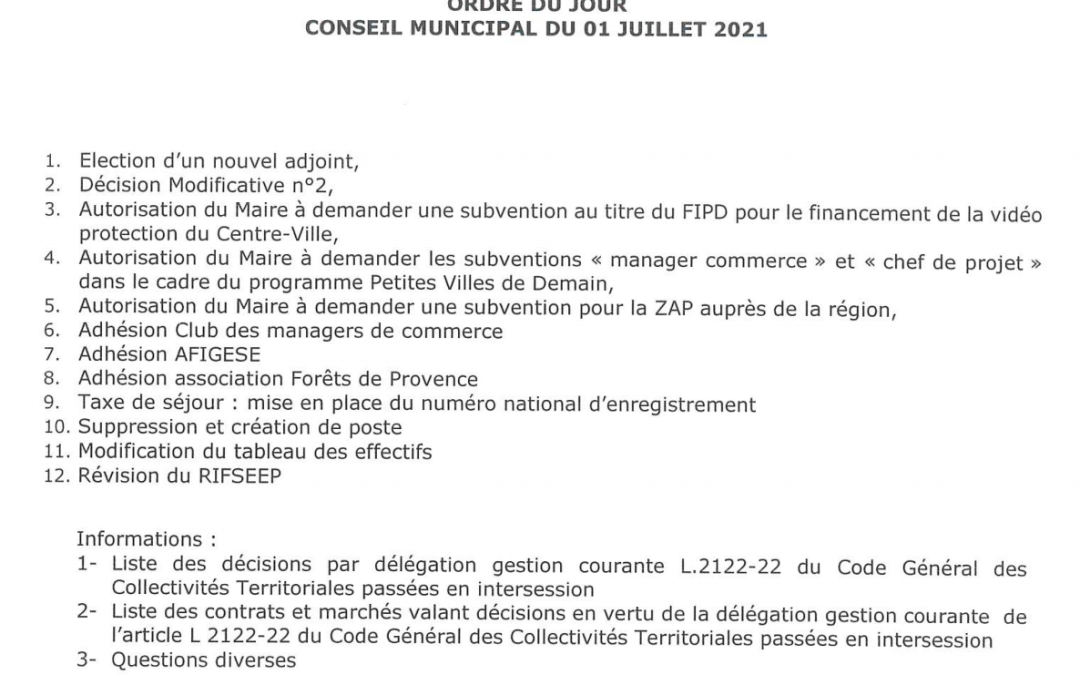 Conseil Municipal, jeudi 1er juillet 2021