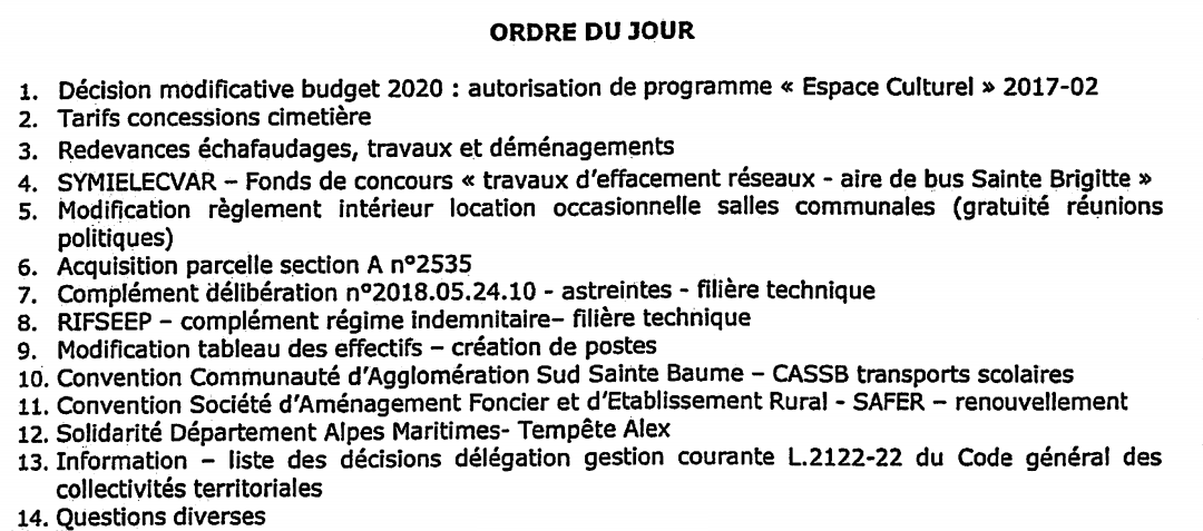 Conseil Municipal, jeudi 15 octobre 2020