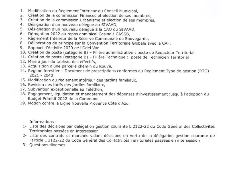 Conseil Municipal, mardi 07 décembre 2021