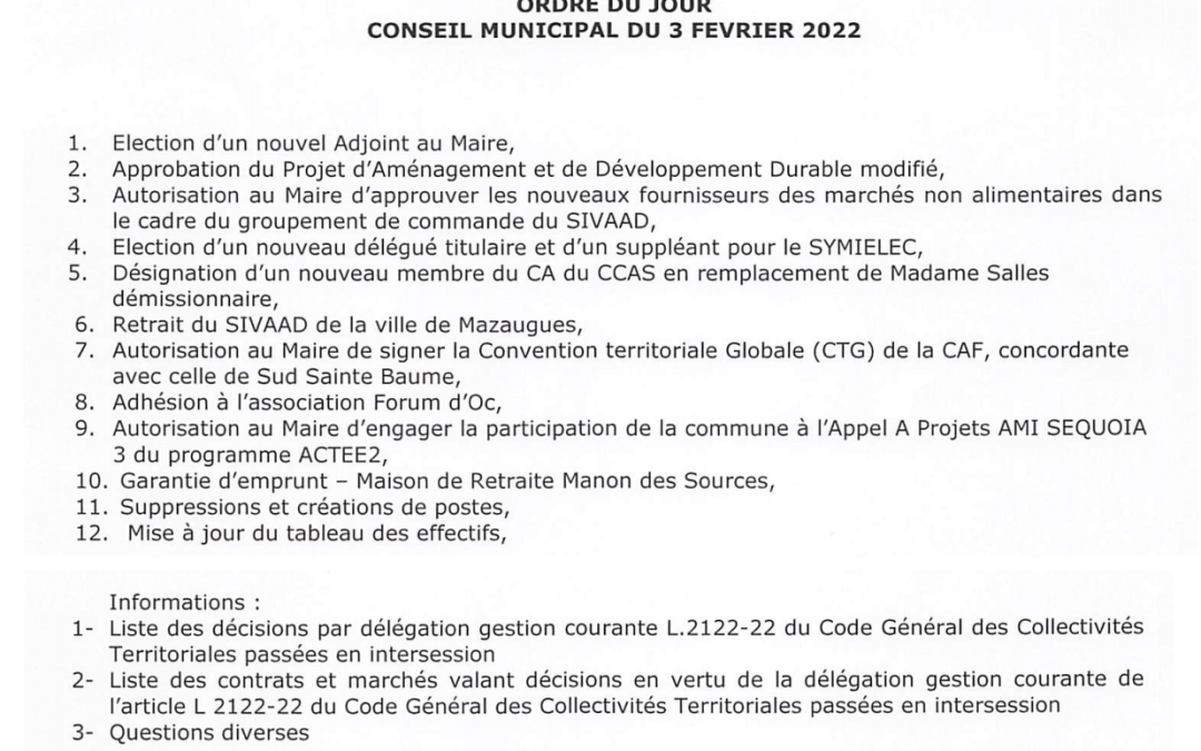 Conseil Municipal, jeudi 3 février 2022