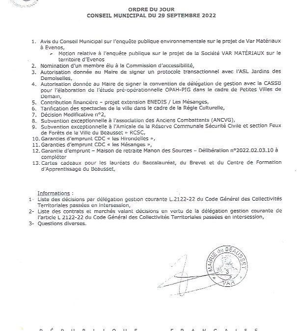 Conseil Municipal, mardi 29 septembre 2022