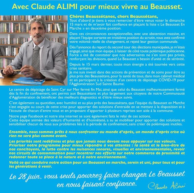Claude ALIMI s&rsquo;adresse aux Beaussétans pour cette reprise de campagne électorale